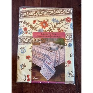 Lintex Country Fair 60 Inch Round Flannel Back Vinyl Tablecloth Floral Cream NEW
